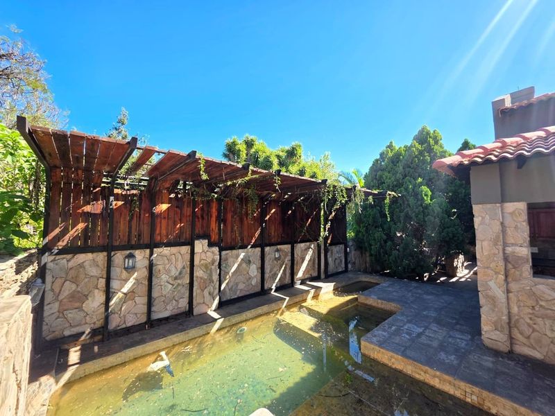 Outdoor pool area featuring stone cladding, a wooden pergola, and a tiled patio, currently requiring significant maintenance and cleaning of the pool water.