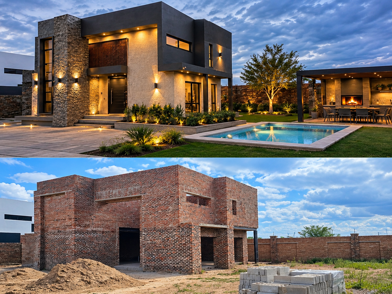 A split-view comparison showing a completed modern home with pool and patio alongside its unfinished brick construction phase.