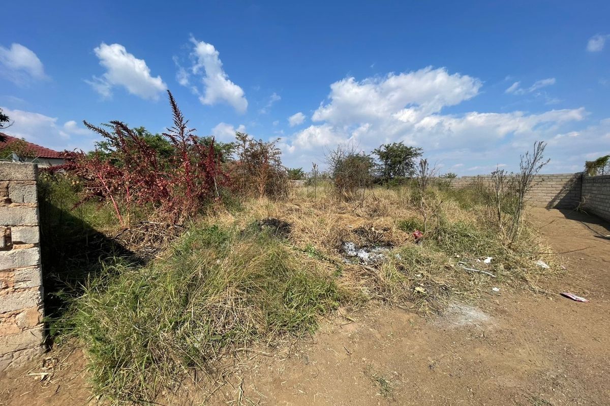 A view of a vacant residential plot featuring overgrown vegetation and a perimeter masonry wall, requiring clearing and site preparation.