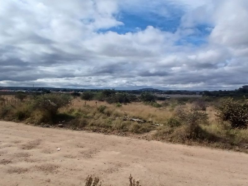 A view of an unpaved road bordering a large, undeveloped residential plot of land under a cloudy sky.