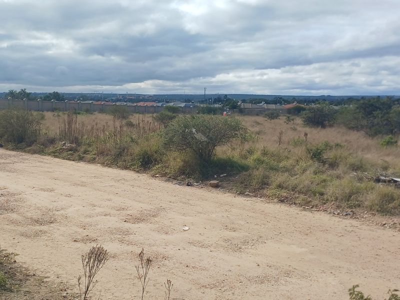 A view of an unpaved road bordering a vacant residential plot with a perimeter wall in the background.