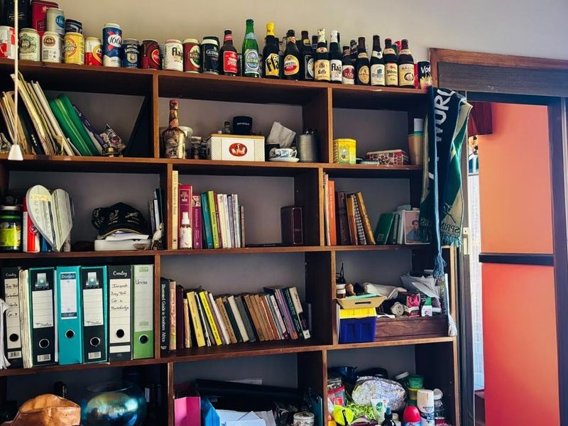 A large wooden built-in shelving unit used for storage, positioned next to a doorway in an interior room.