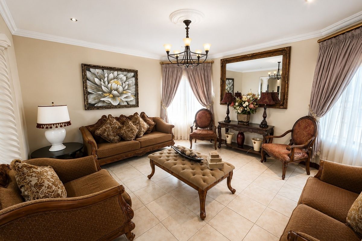 A well-maintained living room featuring neutral tiled flooring, recessed downlighting, and decorative ceiling detailing, providing a comfortable and classic formal seating area.