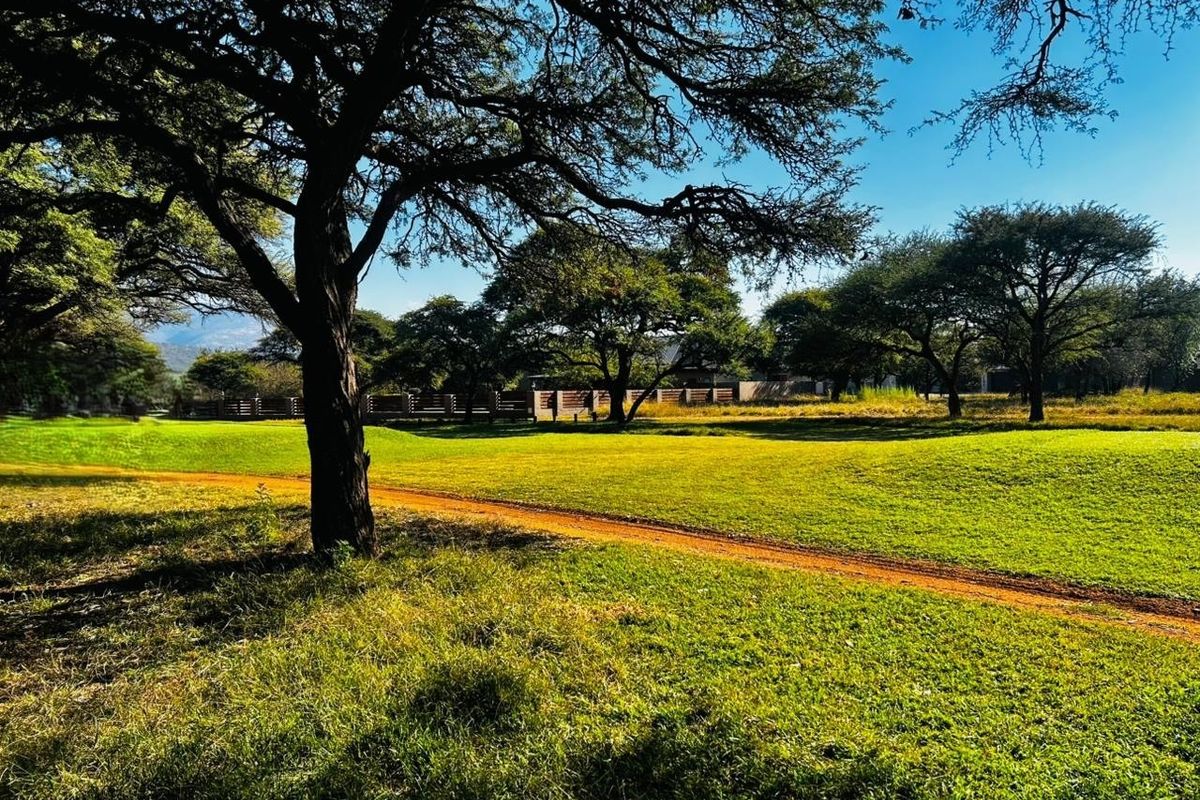 A scenic view of a spacious, grassy residential plot featuring mature trees and a natural dirt path.