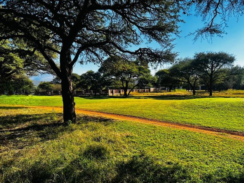 A scenic view of a spacious, grassy residential plot featuring mature trees and a natural dirt path.