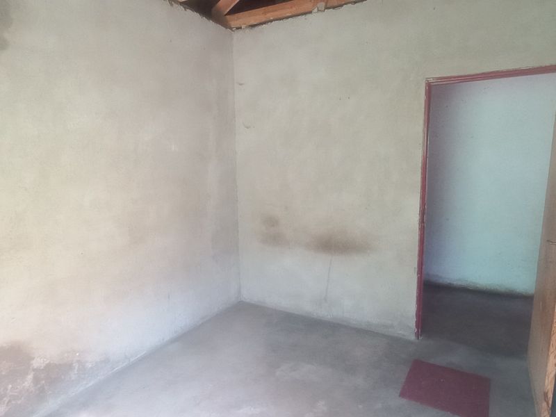 An unfinished bedroom space featuring exposed timber rafters, cement screed flooring, and plastered walls showing signs of damp.