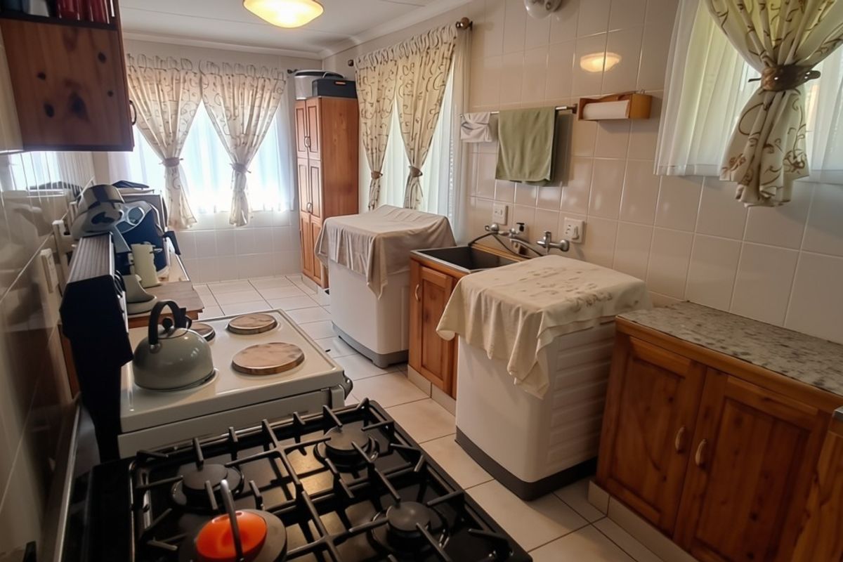 A functional kitchen featuring tiled walls, wooden cabinetry, a gas hob, and a stainless steel sink, offering a practical layout for daily use.