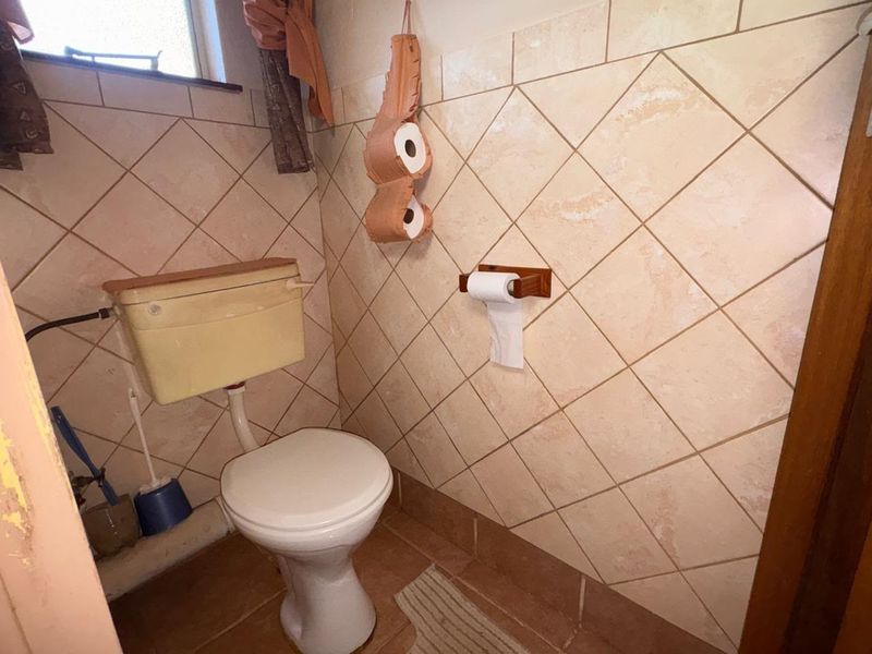 A compact bathroom featuring diagonal ceramic wall tiling and a standard toilet suite with a dated cistern.