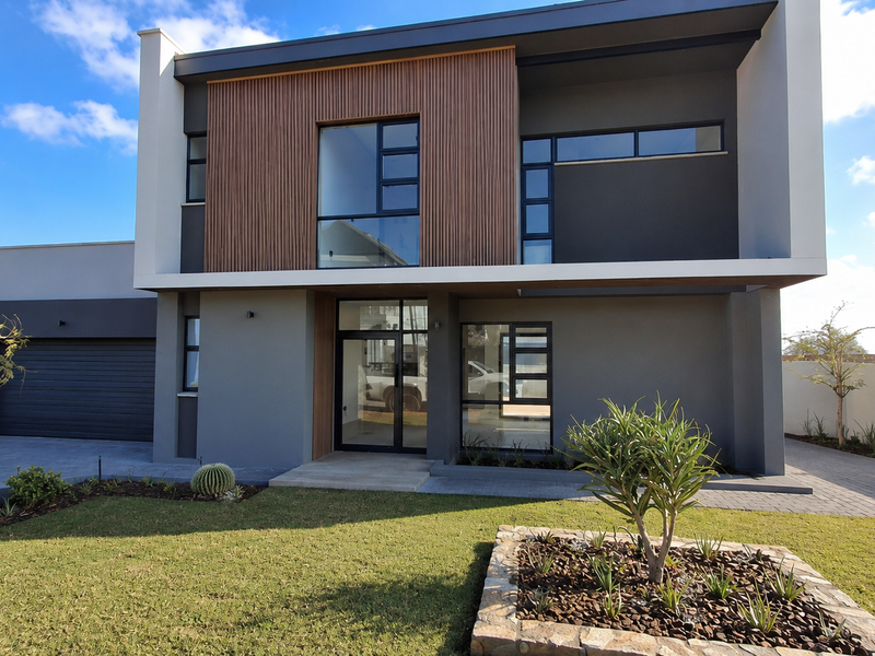 Modern double-storey residence featuring contemporary timber cladding, large aluminium windows, a paved driveway, and a well-maintained front garden.