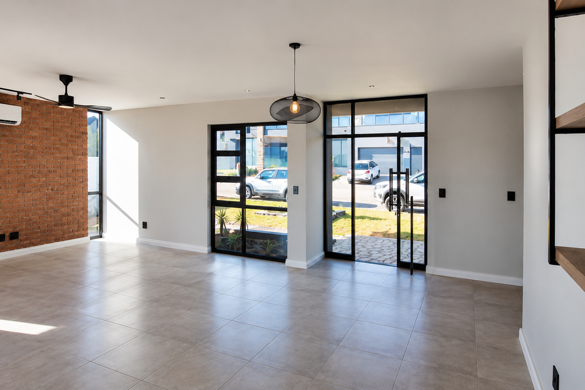Spacious, modern living area featuring an exposed brick wall, tiled floors, large glass doors for natural light, and built-in shelving.
