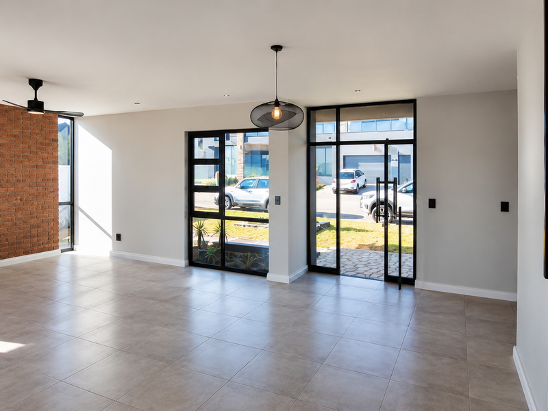 Spacious, modern living area featuring an exposed brick wall, tiled floors, large glass doors for natural light, and built-in shelving.