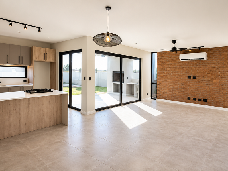 Spacious open-plan living and kitchen area featuring modern cabinetry, a gas hob, exposed brick wall, and seamless access to the outdoor patio.