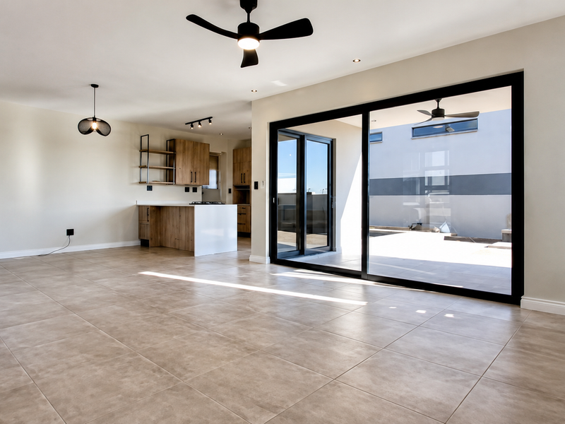 Spacious open-plan living and kitchen area featuring modern cabinetry, large sliding glass doors leading to the patio, and neutral tiled flooring throughout.