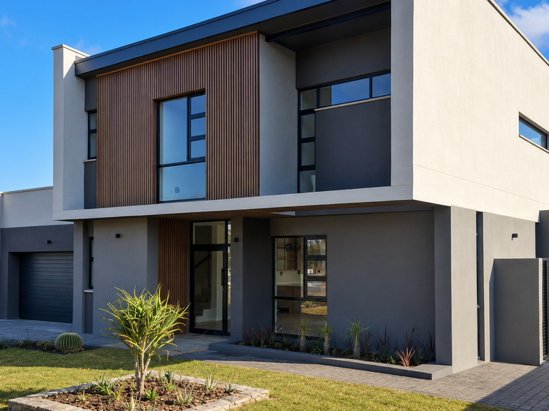 A modern double-storey home featuring a contemporary facade with timber accents, a paved driveway, double garage, and well-maintained landscaped garden.