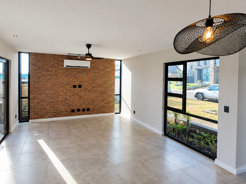 A bright, modern living area featuring an exposed brick wall, large windows, tiled floors, and integrated air conditioning, offering a clean and contemporary space.