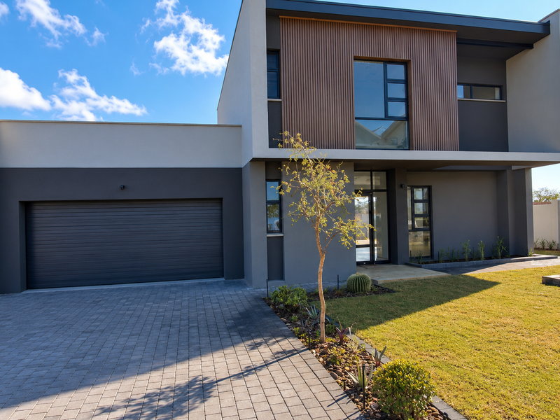 Modern double-story residential facade featuring a paved driveway, integrated double garage, and contemporary timber slat architectural detailing.