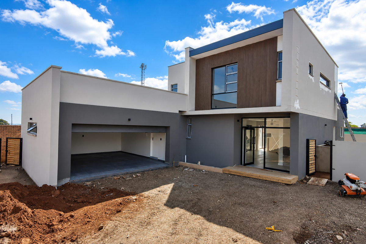 Modern double-story residence featuring a double garage, timber cladding accents, and a rear timber deck, currently undergoing final exterior finishing and landscaping.