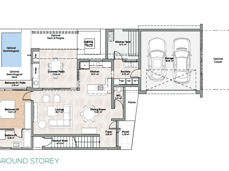 A detailed ground storey floor plan showing the layout of the living areas, kitchen, bedrooms, garage, and outdoor entertainment spaces.