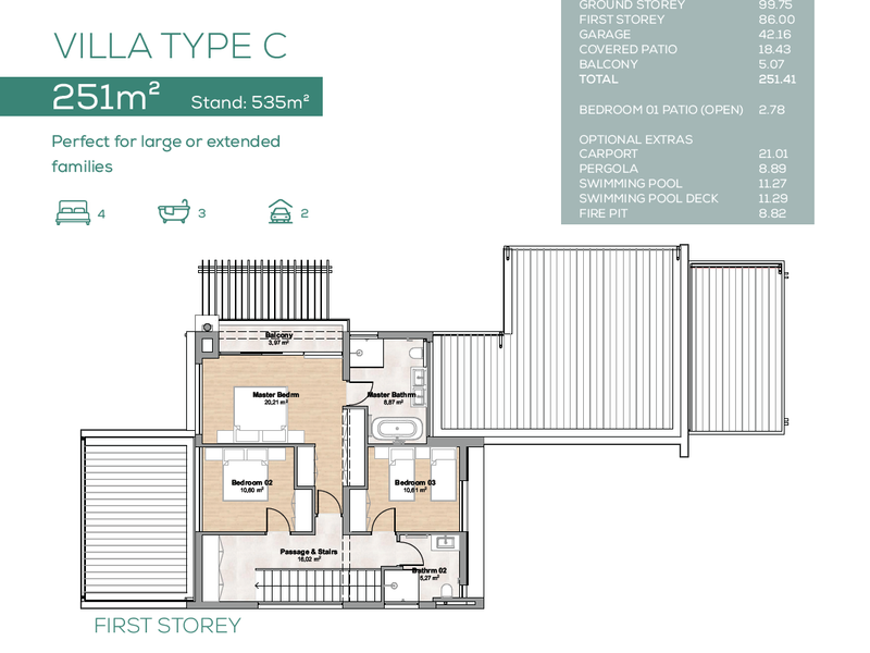 Architectural floor plan for the first storey of a Villa Type C property, detailing bedroom layouts, bathrooms, and balcony dimensions.