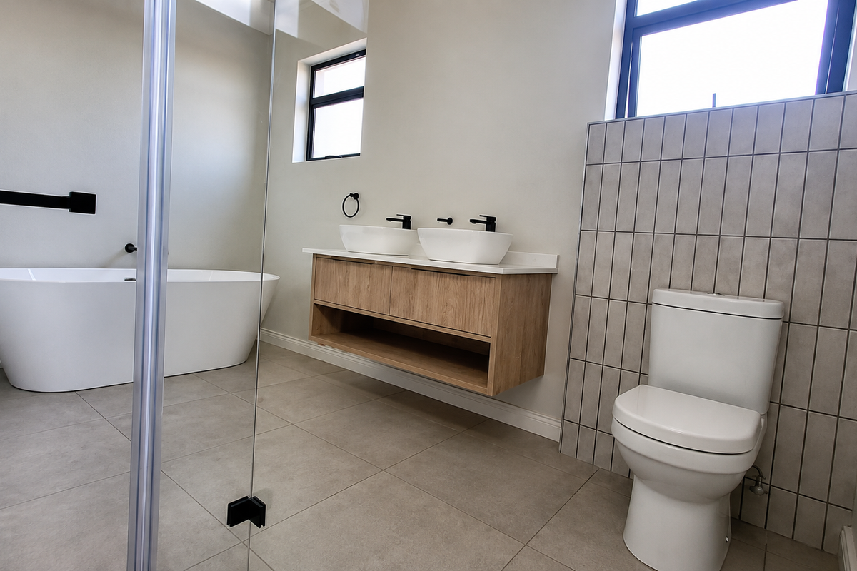 Modern bathroom featuring a freestanding bathtub, double vessel sink vanity with wood finish, and a tiled feature wall with a toilet.