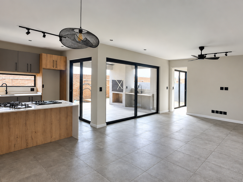 Modern open-plan kitchen and living area featuring sleek cabinetry, a central island with gas hob, and seamless flow to an outdoor patio with braai.