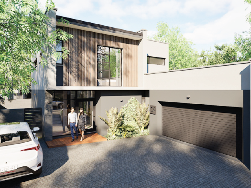 Modern two-story residential facade featuring timber cladding, a double garage, and a paved driveway entrance.