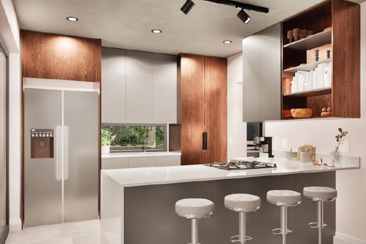 Modern kitchen featuring sleek two-tone cabinetry, stone countertops, a gas cooktop, and integrated appliances with contemporary recessed and track lighting.