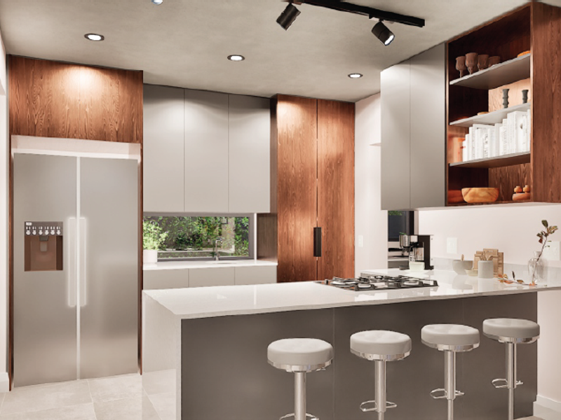 Modern kitchen featuring sleek two-tone cabinetry, stone countertops, a gas cooktop, and integrated appliances with contemporary recessed and track lighting.