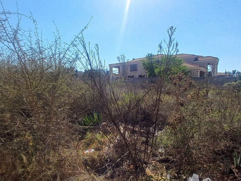 A view of an undeveloped residential plot covered in natural vegetation, showing the surrounding neighborhood context.