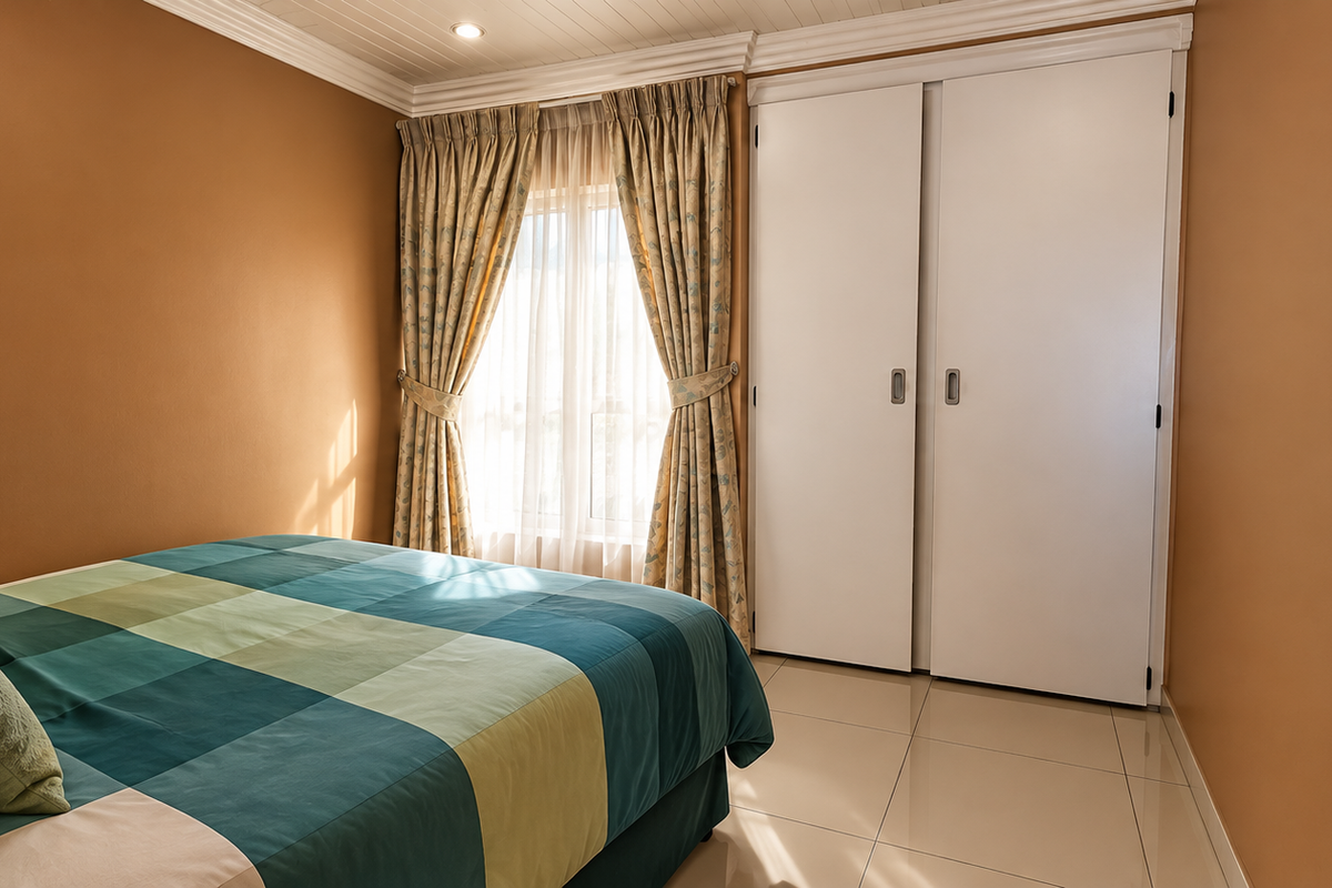 A well-maintained bedroom featuring tiled flooring, built-in cupboards, and classic cornicing, offering a clean and functional living space.