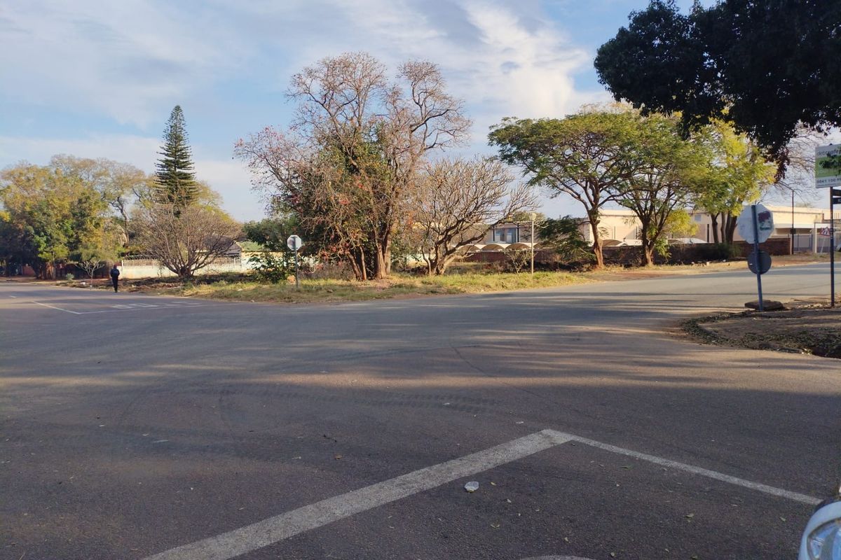 A street-level view of the intersection adjacent to the vacant residential land, showing road access and surrounding mature trees.