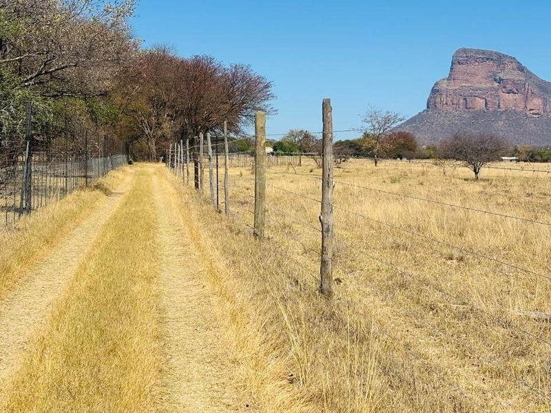 A scenic view of the farm landscape featuring a dirt track, wire fencing, and a prominent mountain in the background.