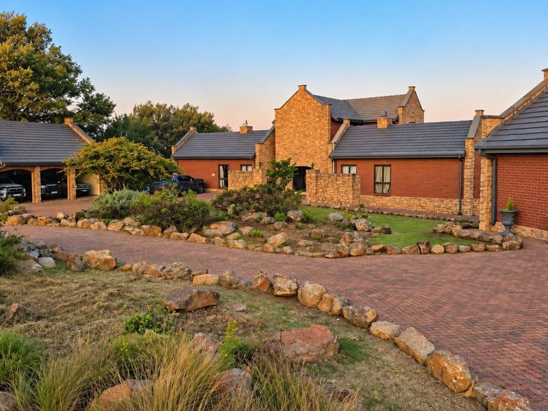 A well-maintained front exterior featuring a brick driveway, stone and brick facade, and a triple garage set within a landscaped garden.