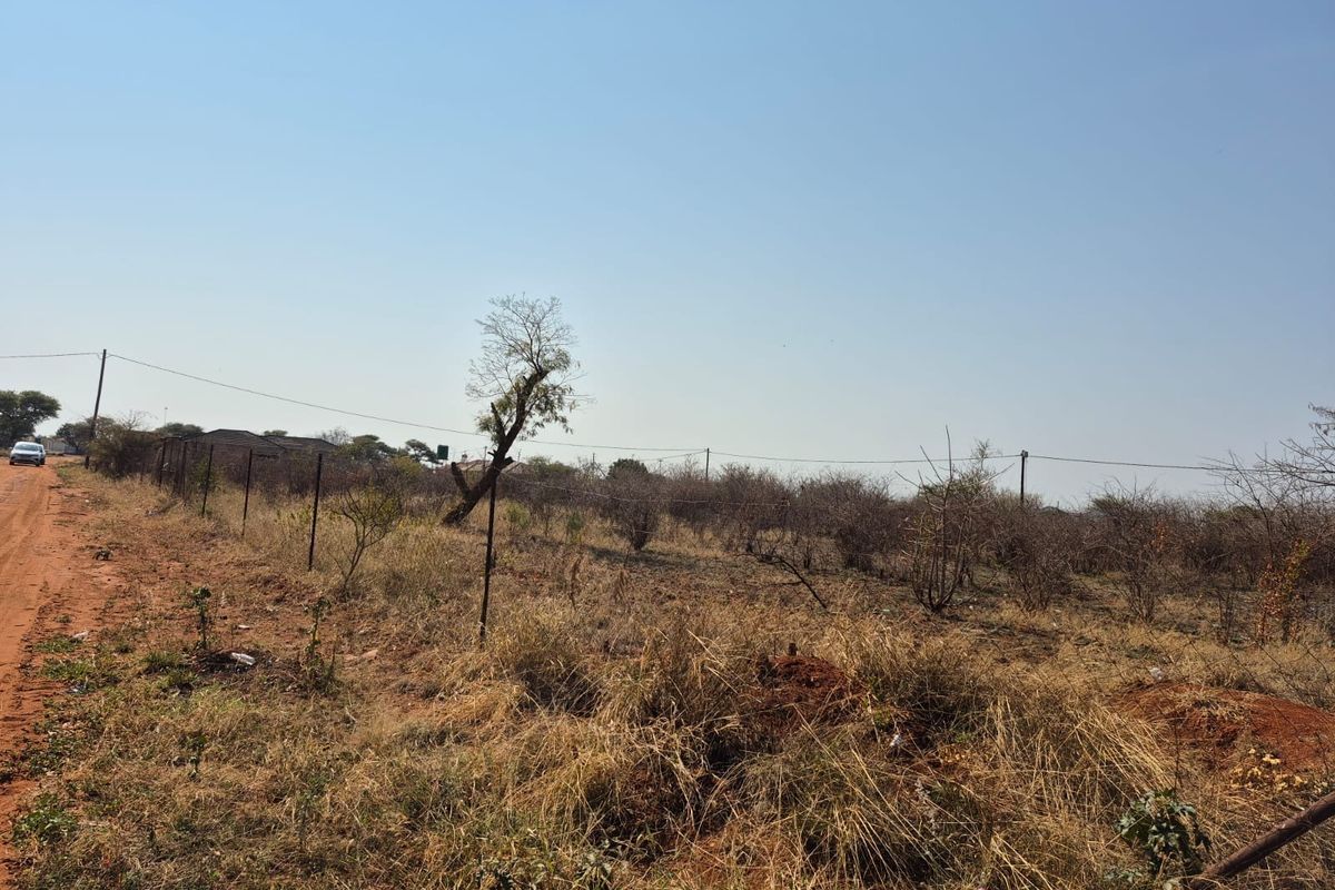 A view of a vacant residential plot featuring natural vegetation, wire fencing, and overhead power lines along a dirt road.