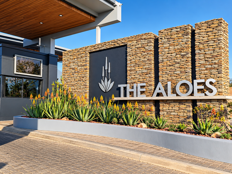 The entrance to The Aloes residential estate, featuring a modern security gatehouse, stone-clad signage wall, and well-maintained landscaped garden.