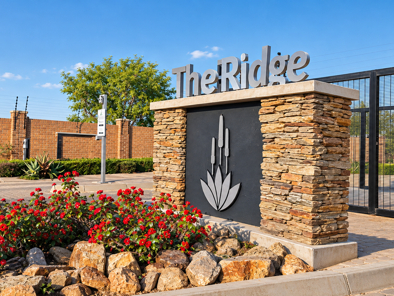 The entrance to The Ridge estate features a stone-clad sign, secure perimeter walling with electric fencing, and a gated access point.