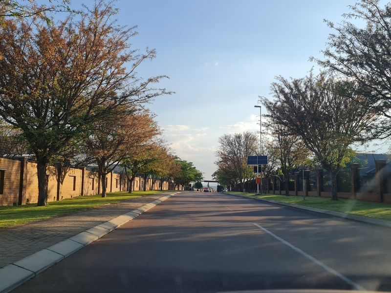 A view of a well-maintained residential street featuring paved roads, sidewalks, and established brick boundary walls within a secure estate setting.