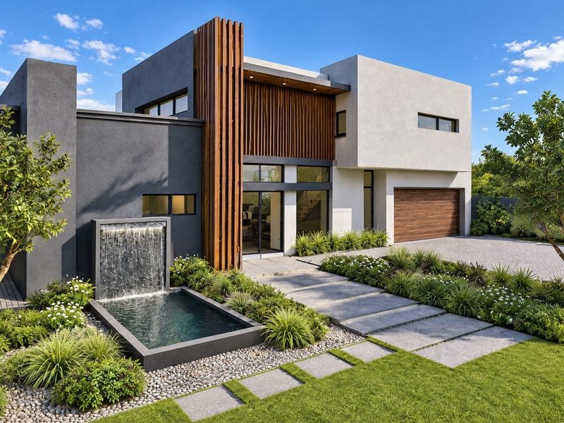 Modern architectural front facade featuring timber slat accents, a contemporary water feature, landscaped garden, and a paved driveway leading to the garage.