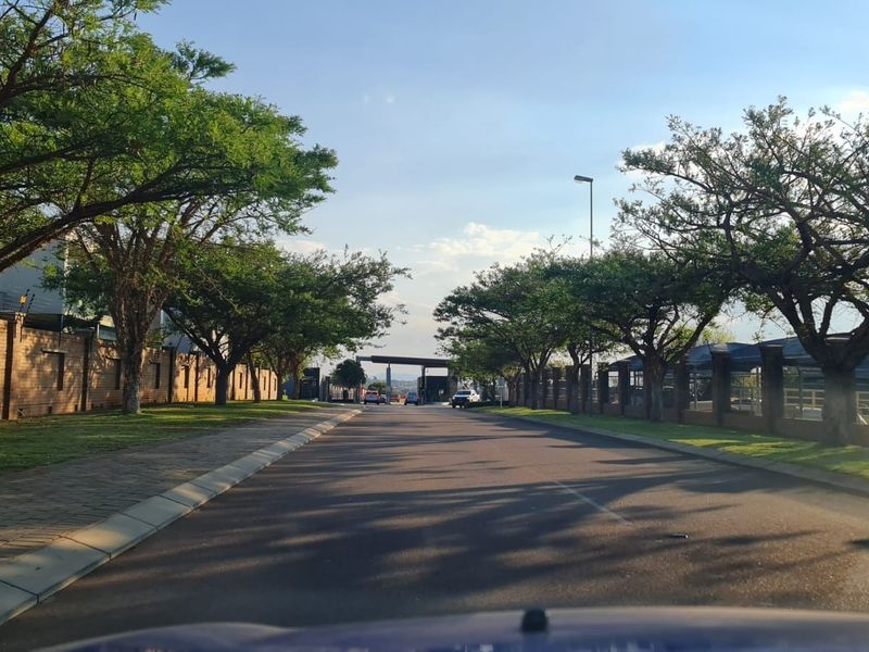 A view of the paved residential street within the estate, featuring mature trees, brick boundary walls, and well-maintained verges leading to the entrance gate.