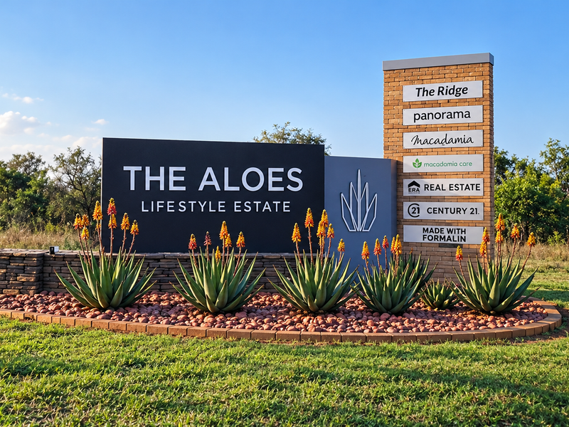 Entrance signage for The Aloes Lifestyle Estate featuring brick masonry, stone cladding, and landscaped garden beds.
