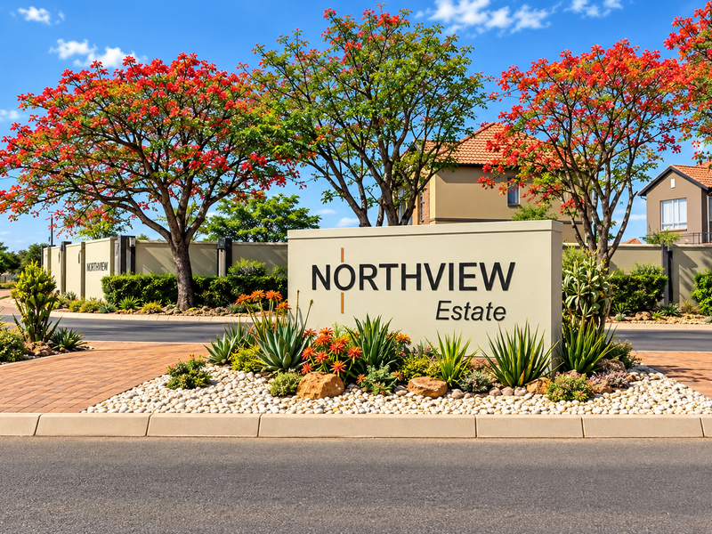 The entrance to Northview Estate featuring a prominent stone signage wall, manicured garden beds, and paved driveway access.