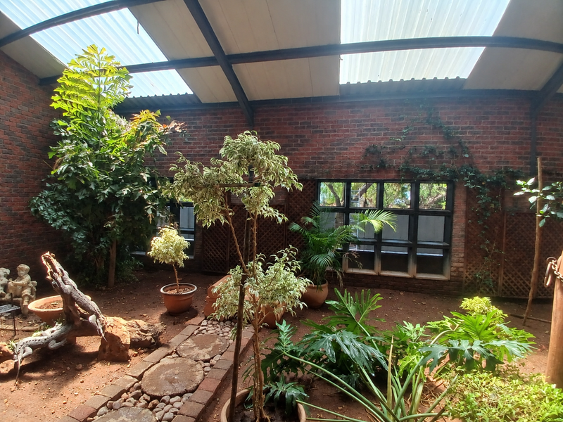 A covered, semi-enclosed patio area featuring exposed brick walls, a translucent roof structure, and a paved stone pathway, creating a bright, garden-like atmosphere.