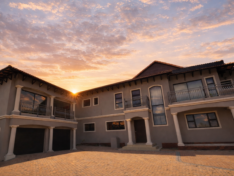 A spacious double-story residence featuring a paved driveway, double garage, and upper-level balconies with decorative railings, set against a sunset sky.