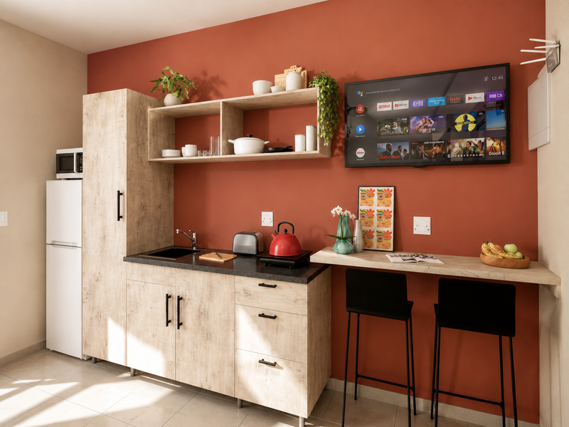 A modern, compact kitchen featuring light wood-grain cabinetry, a dark countertop, integrated sink, and a convenient breakfast bar against a vibrant accent wall.