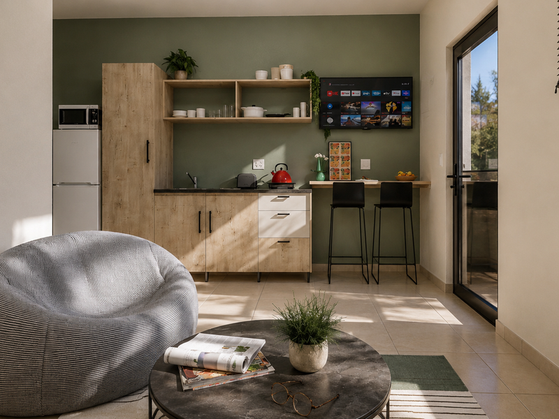 A modern open-plan living area featuring a compact kitchenette with wood-finish cabinetry, tiled floors, and direct access to an outdoor space through a glass door.