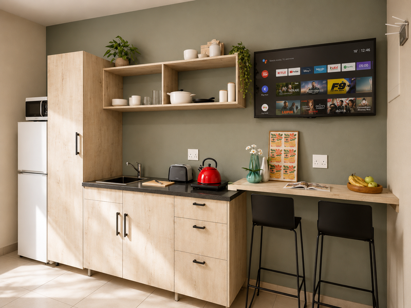 A modern, compact kitchen featuring light wood-finish cabinetry, a dark countertop, integrated breakfast bar, and wall-mounted shelving in a clean, contemporary apartment setting.