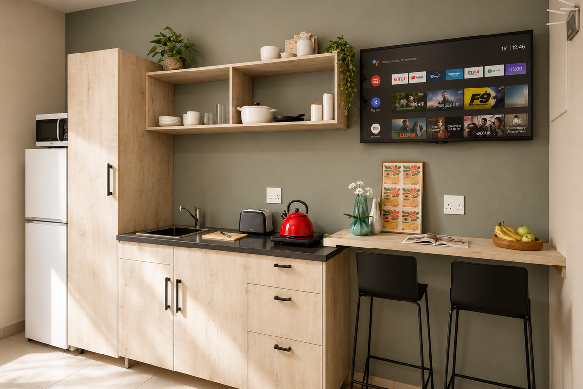 A modern, compact kitchen featuring light wood-finish cabinetry, a dark countertop, integrated breakfast bar, and wall-mounted shelving in a clean, contemporary apartment setting.