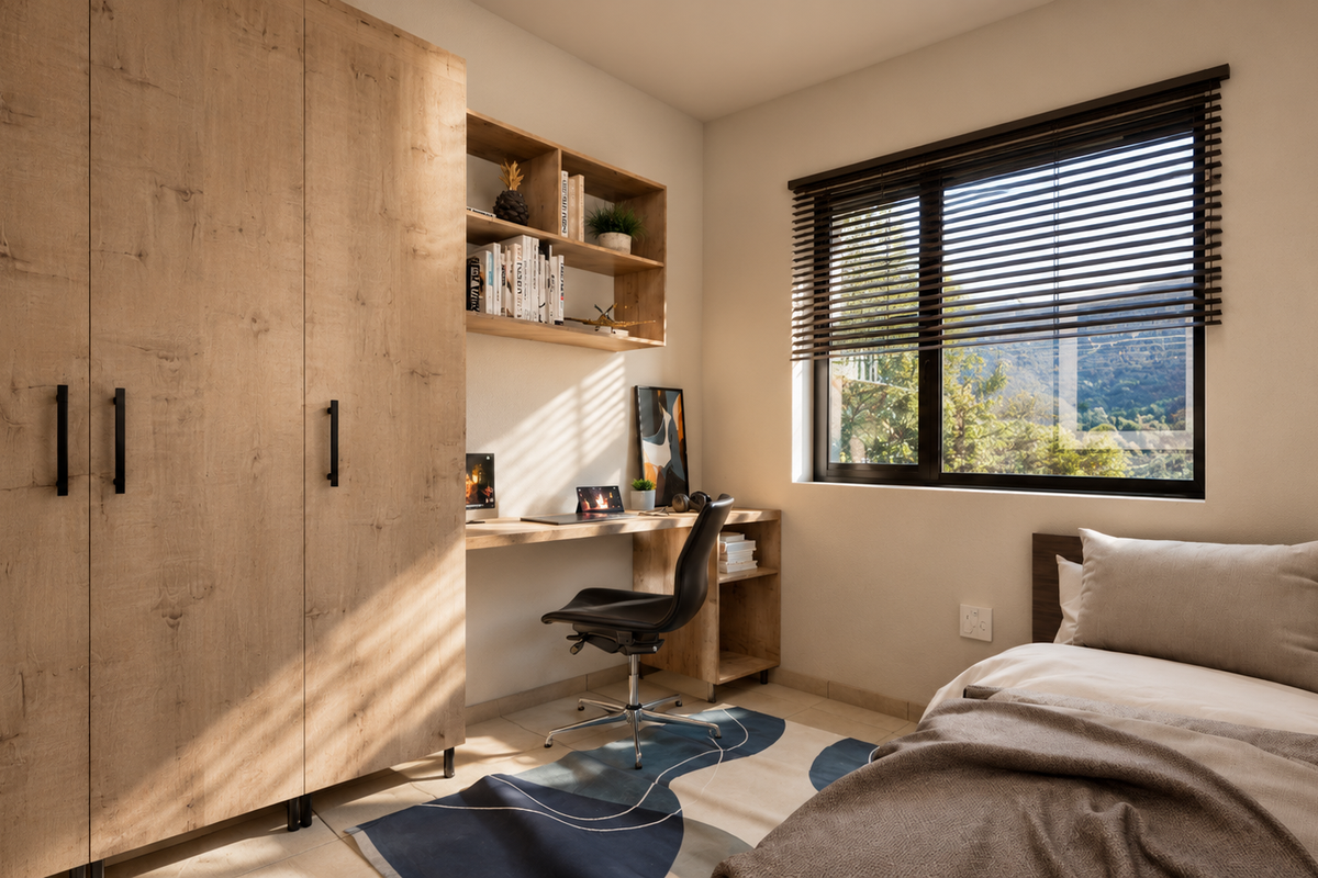 A modern bedroom featuring light wood-grain built-in cabinetry, a matching integrated desk with shelving, and venetian blinds overlooking a scenic view.