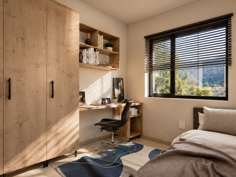 A modern bedroom featuring light wood-grain built-in cabinetry, a matching integrated desk with shelving, and venetian blinds overlooking a scenic view.