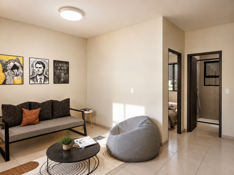 A modern open-plan living area featuring tiled floors, neutral walls, and direct access to a bathroom and bedroom.